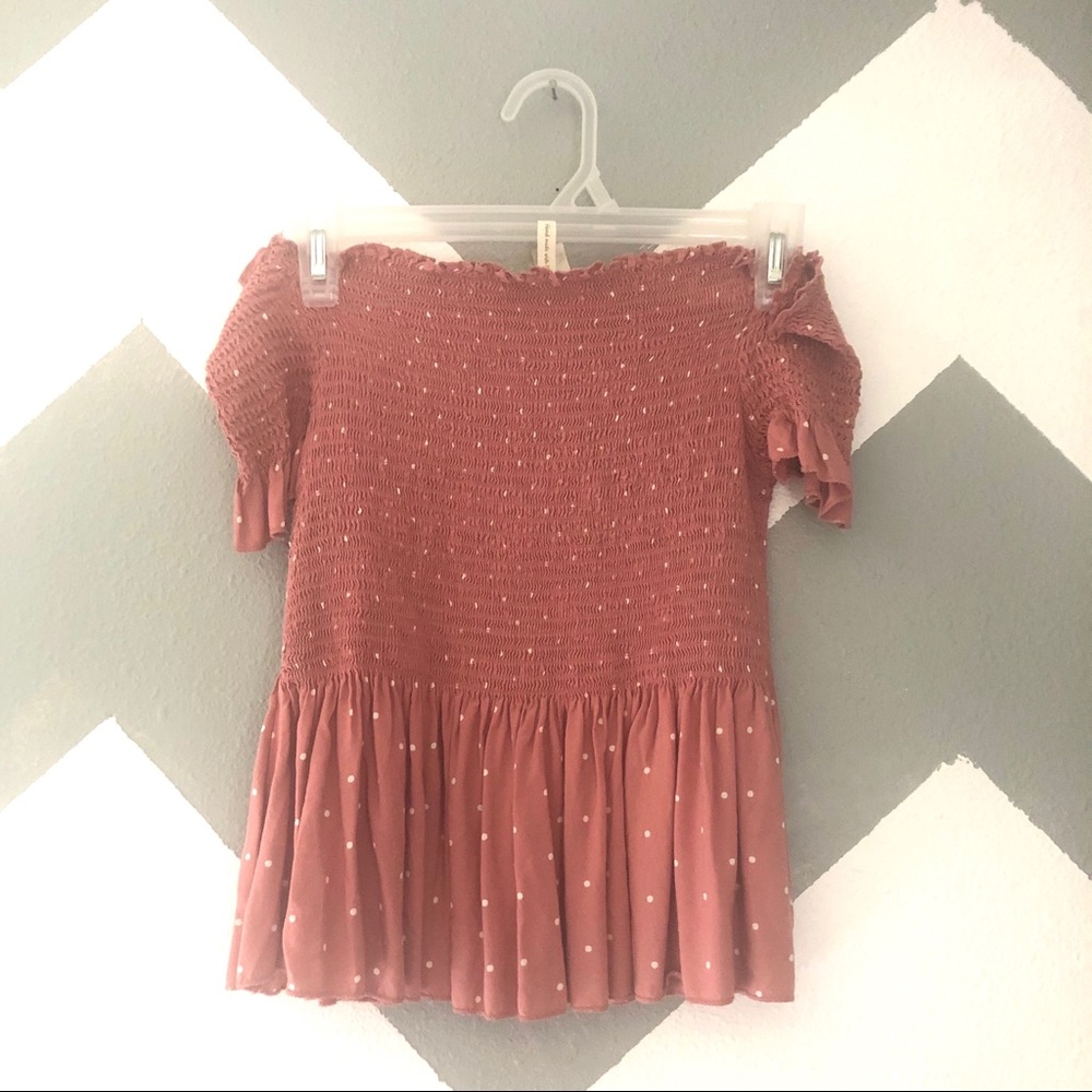 Off The Shoulder Pink Polka Dot Peplum Top